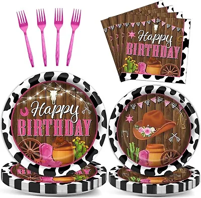96 Pcs Western Cowgirl Party Supplies Paper Plates Napkins Cow Print Serves 24 • £23.62