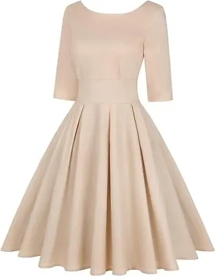 New Women's Retro 50s 60s Swing Rockabilly Party Dress Beige Medium 10-12 • £14.99