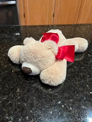 Aurora Plush Bear Mr. Cuddles Floppy Tan Stuffed Animal Red Bow Bean Bag Laying • $16