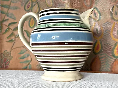 Antique Mochaware Striped Banded Pitcher - Blue Green Brown • $350