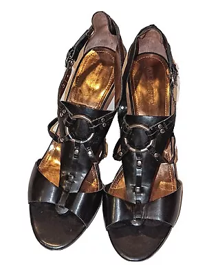 Ellen Tracy Portia Black Wedge Heels 9.5 Sandals Ankle Strap O-Ring Buckle Shoes • $22