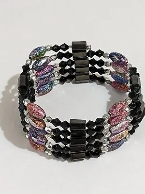 Hematite & Plastic Bead Memory Wire Wrap Bracelet • $4
