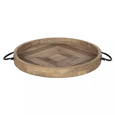 Marmora Rustic Round Decorative Tray With Pieced Wood Base And Black Metal Ha... • $96.78