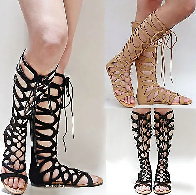 New Women SByn Black Tan Strappy Lace Up Gladiator Knee High Tall Sandals  • $27.99