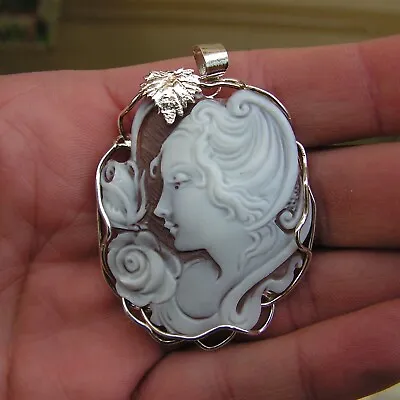 Vintage Silver Gold  Carved Shell Cameo Necklace Pendant Made In Italy  • $169.99
