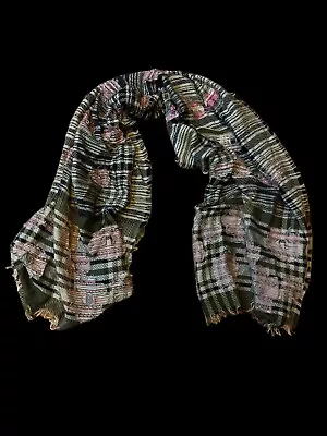 VisMaya Rectangle Scarf/Fringe-BlackGray Pink-neck Wrap-68x28-Reversible • $18.50