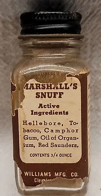 Marshall's Snuff Williams Mfg Co Cleveland Ohio Original Label Empty Bottle • $19.99