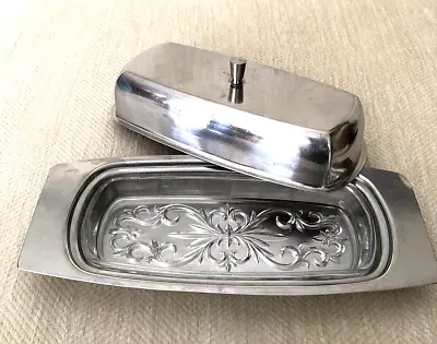 Vintage Stainless Steel Butter Dish With Glass Insert Mid Century Mod 8 1/4  • $19.50