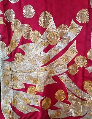 Japanese Uchikake Wedding Kimono Red Silk Silver Gold Gilded Embroidery /Cranes • $219.95