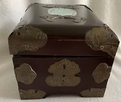 SALE !! ORIENTAL CHERRYWOOD/BRASS/JEWELRY BOX ..CARVED JADEITE MEDALION..Vintage • $25