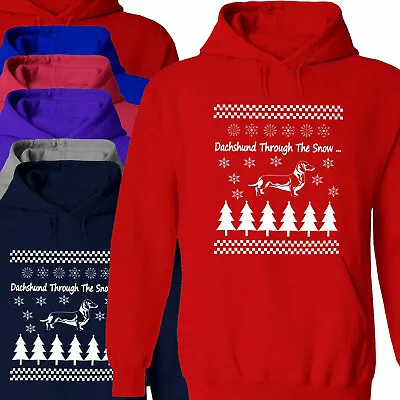 Dachshund Dashing Through The Snow Cute Dog Christmas Hoodie Sweater Snowflake • $36