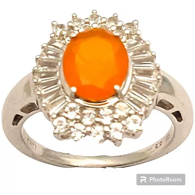 GIE 925 INDIA MEXICAN FIRE OPAL & WHITE TOPAZ STERLING Sz 9.75 RING GORGEOUS!! • £92.45