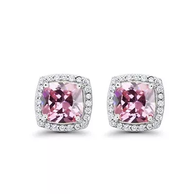 18k White Gold 2 Ct Created Halo Princess Cut Pink CZ Earrings Plated • $8.99