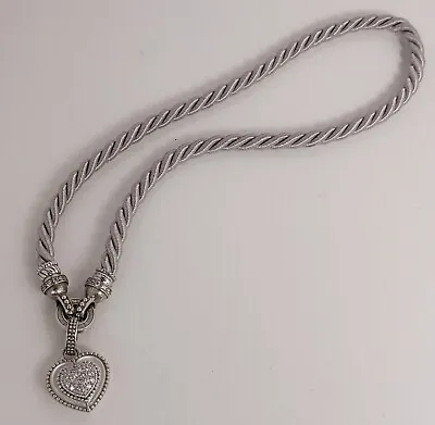 Judith Ripka MOP CZ Sterling Heart Enhancer Pendant + Gray Silk Cord Necklace • $75