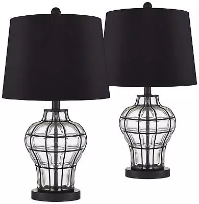 Hudson Rustic Accent Table Lamps 23  High Set Of 2 Bronze Glass Black Drum Shade • $219.99