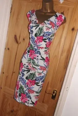 White Pink Floral Stretchy Summer Galaxy Pencil Wiggle Evening Party Dress 8 10 • £23