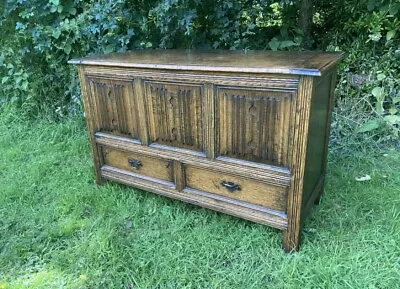 Solid Carved Oak Linen Fold Antique Style Coffer Chest Blanket Coffee Table #M • £200