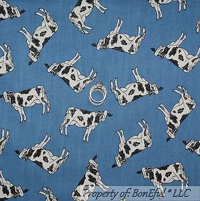 BonEful Fabric FQ Cotton Quilt Blue Black White B&W COW Dot Animal Farm Kid SALE • £4.59