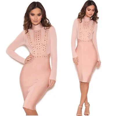 House Of CB Lenova Grommet Studded Blush Bandage Mesh Midi Dress Long Sleeves M • $58