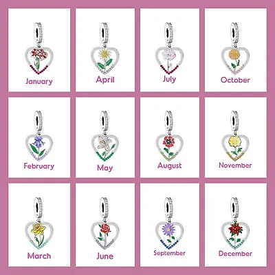 £16.99 • Buy Birthstone & Birthflower Birthday Month Heart Charm  💜 925 Sterling Silver Gift