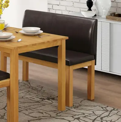 Dining Table Bench Side End Bench High Back Oak Finish Brown Leather Seat • £124.99