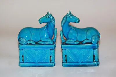 Asian Oriental BLUE Horses Vintage Bookends Statues Figurines RARE LOT Of 2 • $149.95