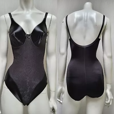 NWOT Vintage FLEXEES Black Nylon Satin Bodysuit Snap Crotch TEDDY LINGERIE - 34B • $31.50