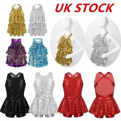 UK Girls Modern Tap Dress Dance Costume Sequins Stage Shorty Unitard Performance • £14.93