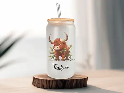 TAURUS Zodiac Sign Frosted Glass Can With Bamboo Lid 16 Oz Glass Cup By Mugzan • $17.99