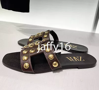 Zara New Woman Flat Leather Studded Sandals Slide Brown 35-42  2612/510 • $38.99