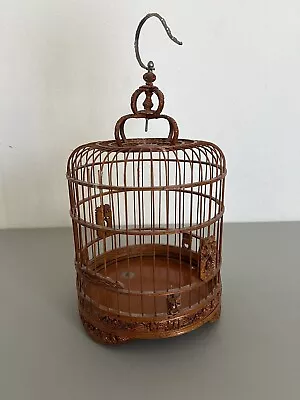 VTG. CHINESE BAMBOO/WOOD BIRD CAGE W/ PORCELAIN FEED CUPS 15  Tall • $85