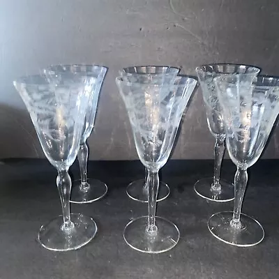 6 Clear Vintage Elegant Cut Glass Wine Glasses Floral Vine 8 1/4” Mint Cond. • $49.99