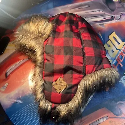 Eddie Bauer Trapper Hat Size S/M Red Buffalo Plaid Faux Fur Down Insulated • $19.99