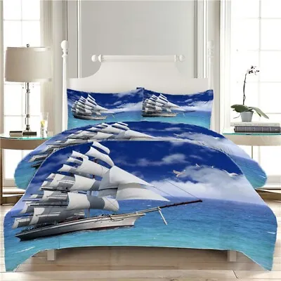 Grey Sailing Boat 3D Printing Duvet Quilt Doona Covers Pillow Case Bedding Sets • £80.63