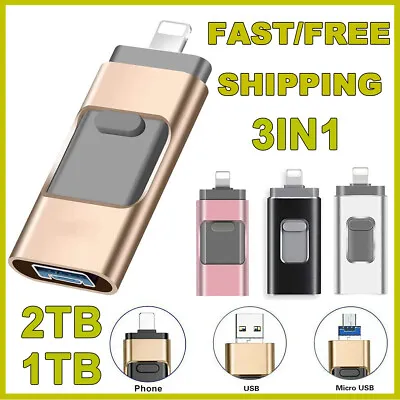 2TB USB3.0 Memory Stick Flash 3in1 Hard Drive External Storage Fr IPhone IPad PC • £15.14
