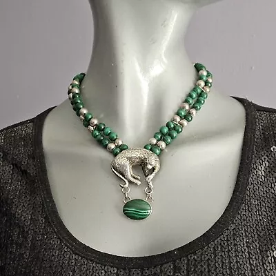 Carol Felley Leopard Necklace Sterling Silver Malachite Endangered Species RARE • $380