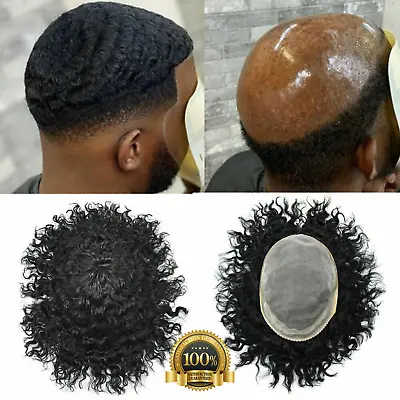 Mens Toupee Afro Curly Black Human Hairpiece Durable Mono Lace Wigs System AAA-1 • $179