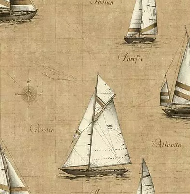 Wallpaper Nautical Cream Brown Gray Sailing Ships On Tan Map  56 Sq Ft Bolt • $39.99