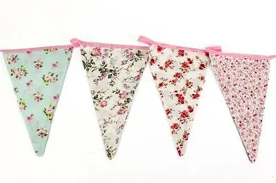 Vintage Floral Fabric Bunting Shabby Chic Party Weddings Girls Bedroom 12 Flags • £6.29