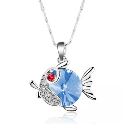 Womens Blue Crystal Zircon Silver Plated Fish Pendant Necklace Christmas Jewelry • $0.26