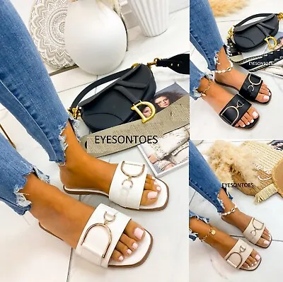 Womens Buckle Ladies Slides Mules Slip On Summer Beach Hoilday Sandals Shoes Sz • £10.95