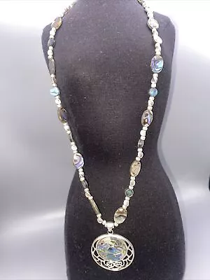 Natural Abalone Shell Gemstone Silver Necklace Pendant • $15