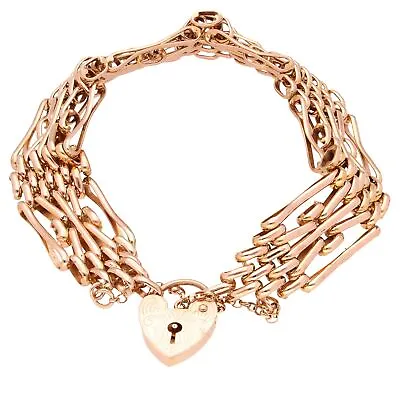 Vintage 9Carat Rose Gold 8  Gate Link Bracelet W/ Safety Chain & Heart Clasp • $2030.71
