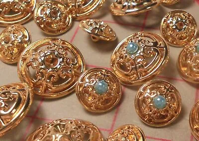 $8 • Buy 5 Fine Italian Metal Shank Buttons Filigree With Center Setting Large Gold 1 