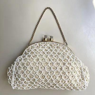 Mid Century Vintage A.B. Beaded Purse Frame Kiss Lock Beige & White Evening Bag • $14.99