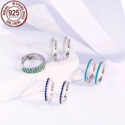 925 Sterling Silver Turquoise Blue CZ Micro Pave Round Hoop Earrings Jewelry • $9.34