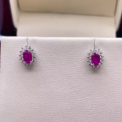 18ct White Gold Natural Red Ruby & Diamond Oval Cluster Earrings 0.68ct • £465