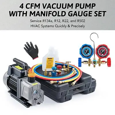 $109.91 • Buy Combo 4 CFM 1/3HP Air Vacuum Pump HVAC + R134A Tap AC A/C Manifold Gauge Set US