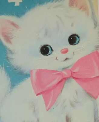 Vintage Birthday Greeting Card White Cat Wearing Pink Bow 4 1/2  Used • $2.99