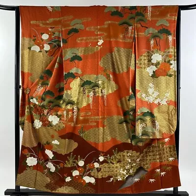 Japanese Silk Kimono Vintage Furisode Gold Orange Peony Pine Clouds Grass 61  • $199